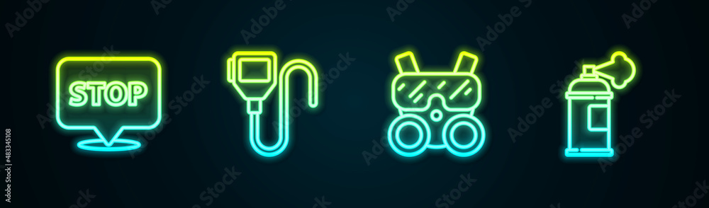 Set line Protest, Walkie talkie, Gas mask and Paint spray can. Glowing neon icon. Vector Set line Protest, Walkie talkie, Gas mask and Paint spray can. Glowing neon icon. Vector