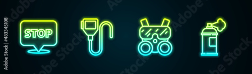 Set line Protest, Walkie talkie, Gas mask and Paint spray can. Glowing neon icon. Vector