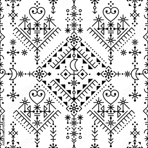 Icelandic style tribal line art vector seamless patten with moons, hearts and geometric shapes, textile or fabric print design inspired by Viking rune ornamnets from Nordic countries
