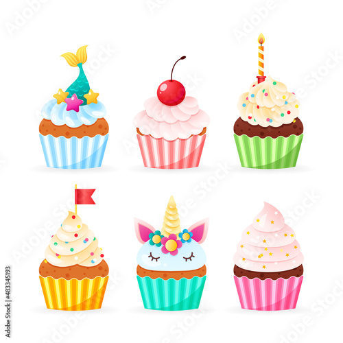 Set of cartoon cupcake icons. Illustration of birthday cupcakes decorated with cream  sprinkles and candle. Vector 10 EPS.