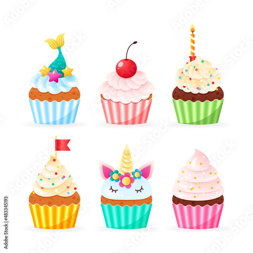 Set of cartoon cupcake icons. Illustration of birthday cupcakes decorated with cream, sprinkles and candle. Vector 10 EPS.