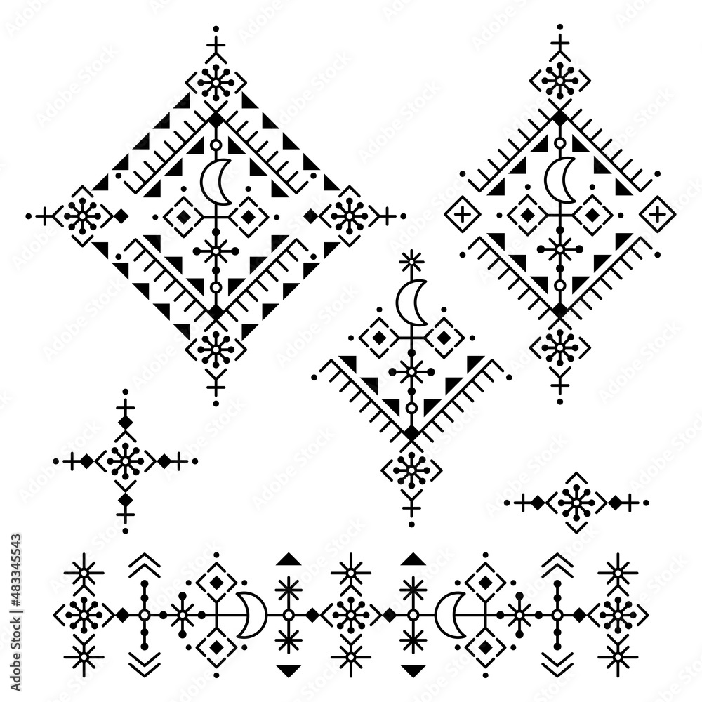 Fototapeta premium Icelandic style geometric tribal line art vector design set with moons - square and long graphics collection, ornamental patterns collection inspired by Nordic Viking rune art