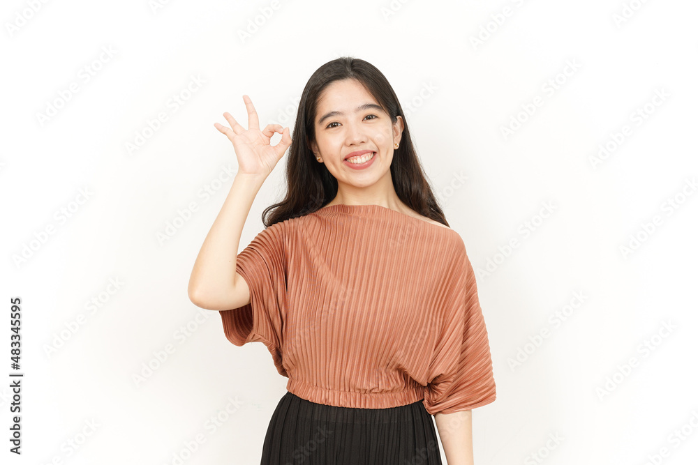 Showing Ok Sign Of Beautiful Asian Woman Isolated On White Background Showing Ok Sign Of Beautiful Asian Woman Isolated On White Background