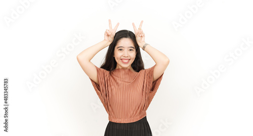 Showing Peace Sign Of Beautiful Asian Woman Isolated On White Background © Sino Images Studio
