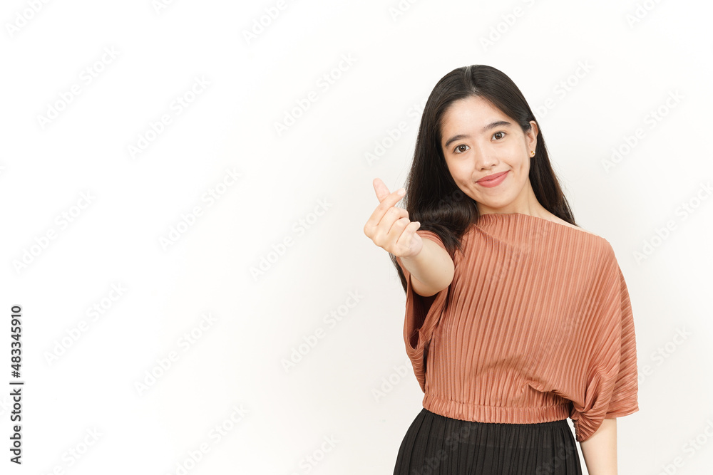 Showing Korean Love Finger Sign Of Beautiful Asian Woman Isolated On White Background Showing Korean Love Finger Sign Of Beautiful Asian Woman Isolated On White Background