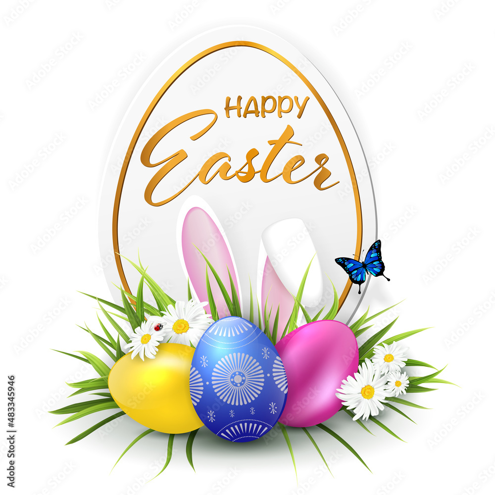 Easter background with easter eggs, flowers and rabbit ears