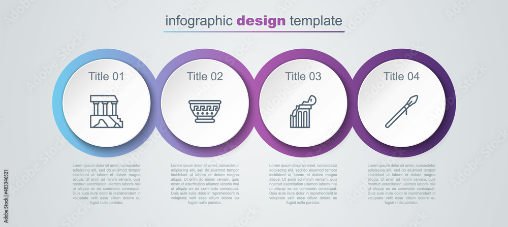 Set line Parthenon, Greek ancient bowl, Broken column and Medieval spear. Business infographic template. Vector