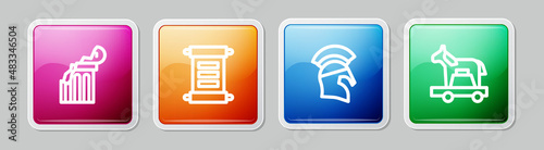 Set line Broken ancient column, Decree, parchment, scroll, Greek helmet and Trojan horse. Colorful square button. Vector