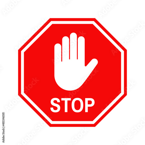 Stop hand gesture sign poster. Vector road sign with palm gesture and text STOP.