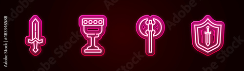 Set line Medieval sword, goblet, axe and shield with. Glowing neon icon. Vector