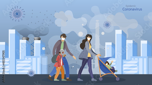 Family with children in pram wearing protective face masks, protection against chinese virus
