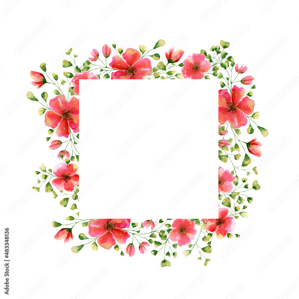 Square frame with roses flowers and branches. Watercolor floral border, banner with red and green plant for invitations Square frame with roses flowers and branches. Watercolor floral border, banner with red and green plant for invitations