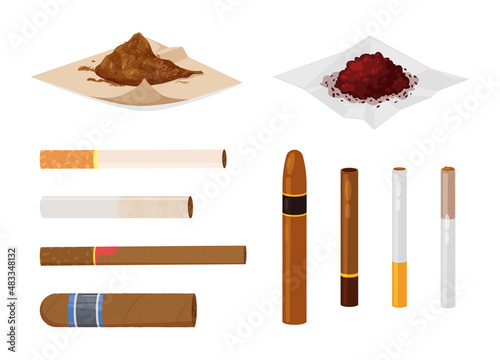 Smoking tobacco, bad habits set. Cigars, cigarettes, cigarillos, rolls in paper.