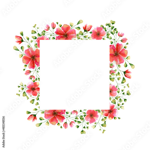 Square frame with roses flowers and branches. Watercolor floral border, banner with red and green plant for invitations