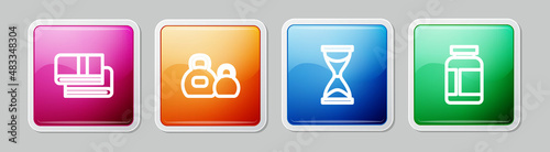 Set line Towel stack, Kettlebell, Old hourglass and Sports nutrition. Colorful square button. Vector