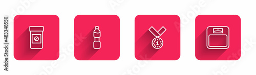 Set line Anabolic drugs, Bottle of water, Medal and Bathroom scales with long shadow. Red square button. Vector