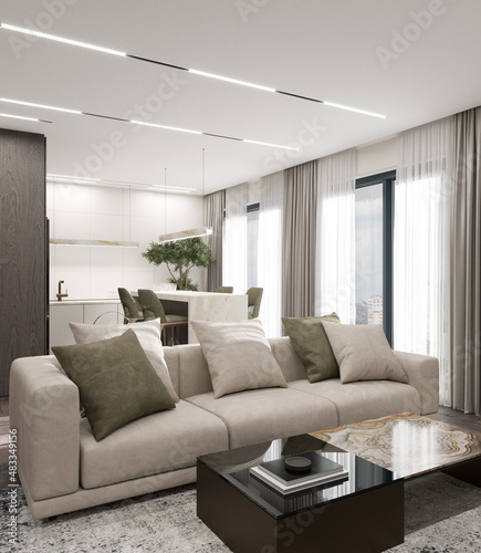 Bright kitchen living room. 3D render. Interior visualization. Illustration.