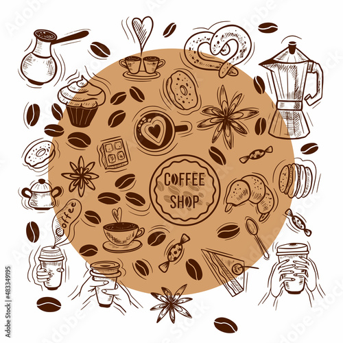 Vector hand drawn coffee set. Vintage illustration on brown background.