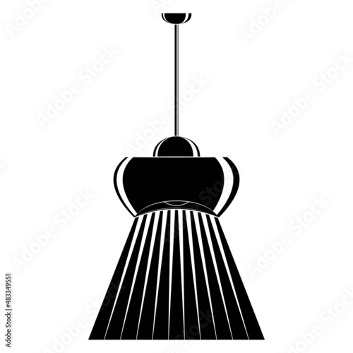 Ceiling lamp. Large roomy shade for many light bulbs. Single lampshade for indoor lighting. Bright lighting, a beam of light. Lamp design. Vector icon, glyph, silhouette, isolated