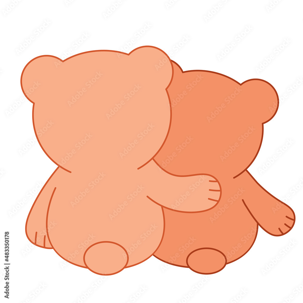 Two hugging bears, back view. Cute cartoon illustration. Love and friendship concept. Print for Valentine day. Teddy bear hug his friend. Print for children, clothes, cards, nursery design and decor. Two hugging bears, back view. Cute cartoon illustration. Love and friendship concept. Print for Valentine day. Teddy bear hug his friend. Print for children, clothes, cards, nursery design and decor.