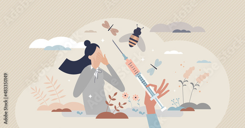 Allergy shots regular injection for seasonal spring pollen tiny person concept. Itchy symptom, running nose and allergen health problem prevention with annual medical immune dose vector illustration.