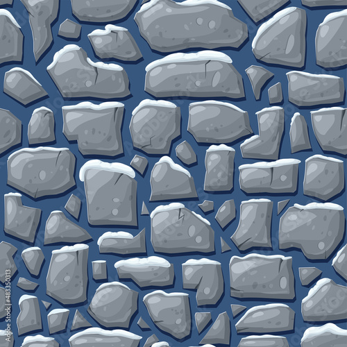 Vector seamless texture of stones covered with snow. endless pattern of brick wall, rocks or cobblestones in winter. cartoon illustration. masonry wall background. Stone plate or paving stone tile.