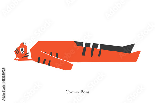 Vector isolated flat illustration with animal character doing yoga practice - Savasana. Korean tiger learns restorative Corpse Pose. Simplified concept with core sport exercise for beginners