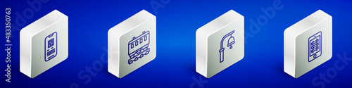 Set Isometric line E-ticket train, Passenger cars, Train station bell and Buy online icon. Vector
