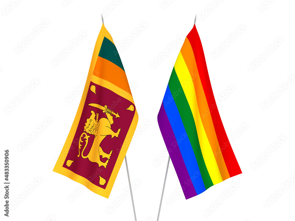 National fabric flags of Rainbow gay pride and Democratic Socialist Republic of Sri Lanka isolated on white background. 3d rendering illustration. National fabric flags of Rainbow gay pride and Democratic Socialist Republic of Sri Lanka isolated on white background. 3d rendering illustration.