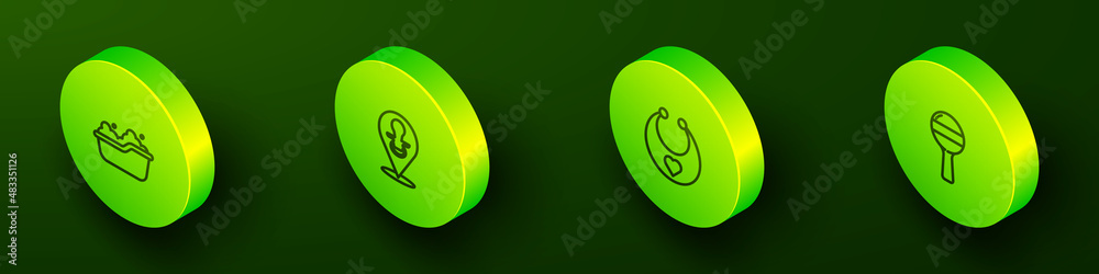 Set Isometric line Baby bathtub, dummy pacifier, bib and Rattle baby toy icon. Vector Set Isometric line Baby bathtub, dummy pacifier, bib and Rattle baby toy icon. Vector