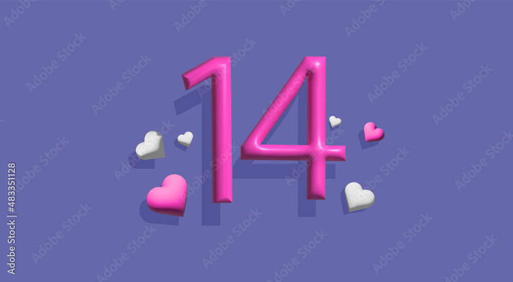 14th of February in 3D. Date on the calendar in trend color very peri with heart shapes. Card with numbers 1 and 4 in 3D 14th of February in 3D. Date on the calendar in trend color very peri with heart shapes. Card with numbers 1 and 4 in 3D