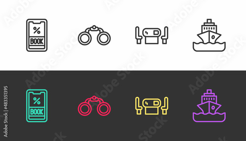 Set line Cruise ticket, Binoculars, Poker table and ship on black and white. Vector