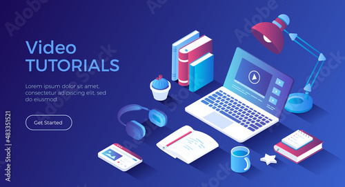 Video tutorials. Distance education E-learning. Online courses, lessons, webinars. Internet studying, training. Laptop with video on screen. Isometric landing page. Vector web banner.