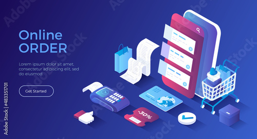 Online order via phone. Online shopping concept. Ordering system app on the screen. Shopping cart with cardboard boxes, shopping bags. Credit card, bill. Isometric landing page. Vector web banner.