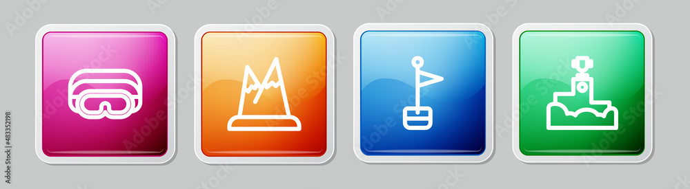 Set line Ski goggles, Mountains, Location marker and Award winner podium. Colorful square button. Vector Set line Ski goggles, Mountains, Location marker and Award winner podium. Colorful square button. Vector
