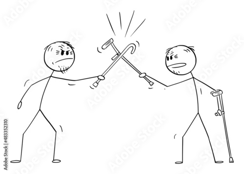Two Seniors or Old Persons Fighting with Cane and Crutch, Vector Cartoon Stick Figure Illustration