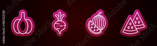 Set line Garlic, Beet, Watermelon and . Glowing neon icon. Vector