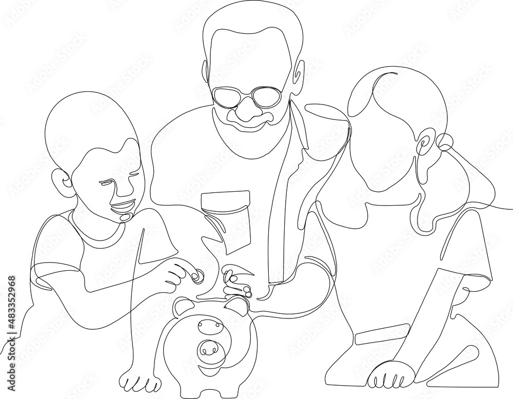 Continuous one line drawing of aged man giving piggy-bank to boy and girl while showing grandchildren how to save money at home for your minimal design. Vector illustration