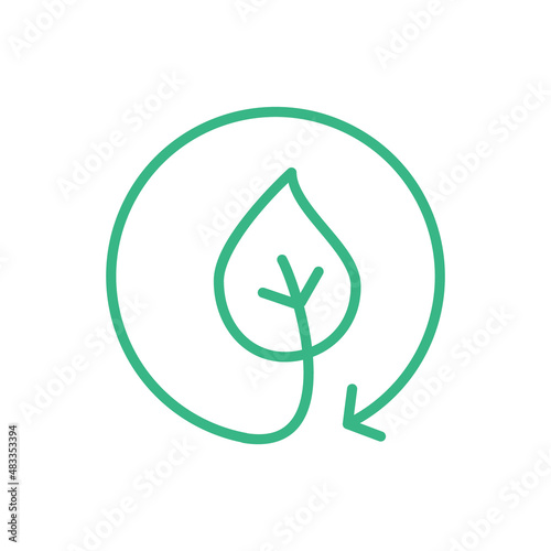 Biodegradable packaging line icon. Green leaf in recycle circle. Renewable, reusable, sustainable material. Eco friendly manufacturing symbol. Recycled material. Vector illustration, flat, clip art. 