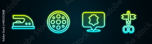 Set line Electric iron, Sewing button, Leather and Scissors. Glowing neon icon. Vector