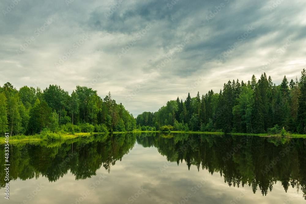 Fototapeta premium Fishing wooden bridge on the river among the trees