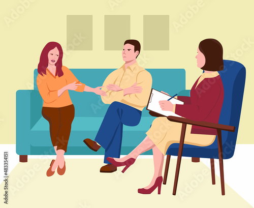 Married couple at a psychotherapist's appointment. Upset woman speaks and points at the man. Psychologist listens and makes notes on paper. Vector illustration in flat style