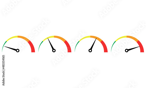 Dashboard colorful speedometer or tachometer icons set on white background. Indicator speed. Infographic element. 