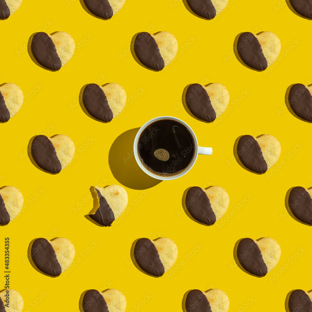 Seamless pattern with cup of coffee and heart shaped cookies on yellow background. Seamless pattern with cup of coffee and heart shaped cookies on yellow background.