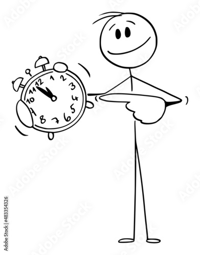 Smiling Person Holding and Pointing at Alarm Clock, Vector Cartoon Stick Figure Illustration