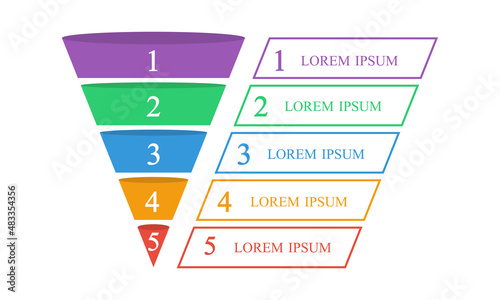 Sales or marketing funnel vector.  Business pyramid blank. Business infographics with 5 step. 
