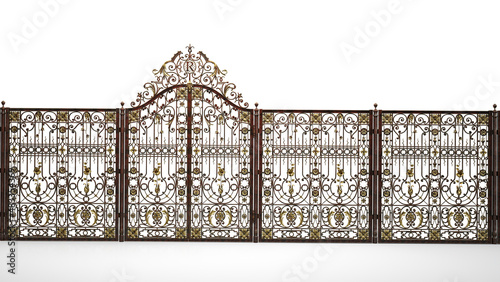 Luxurious closed iron gate, isolated on white, 3d rendering, 3d illustration 