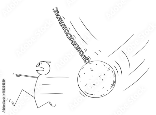Person Running in Panic From Wrecking Ball , Vector Cartoon Stick Figure Illustration