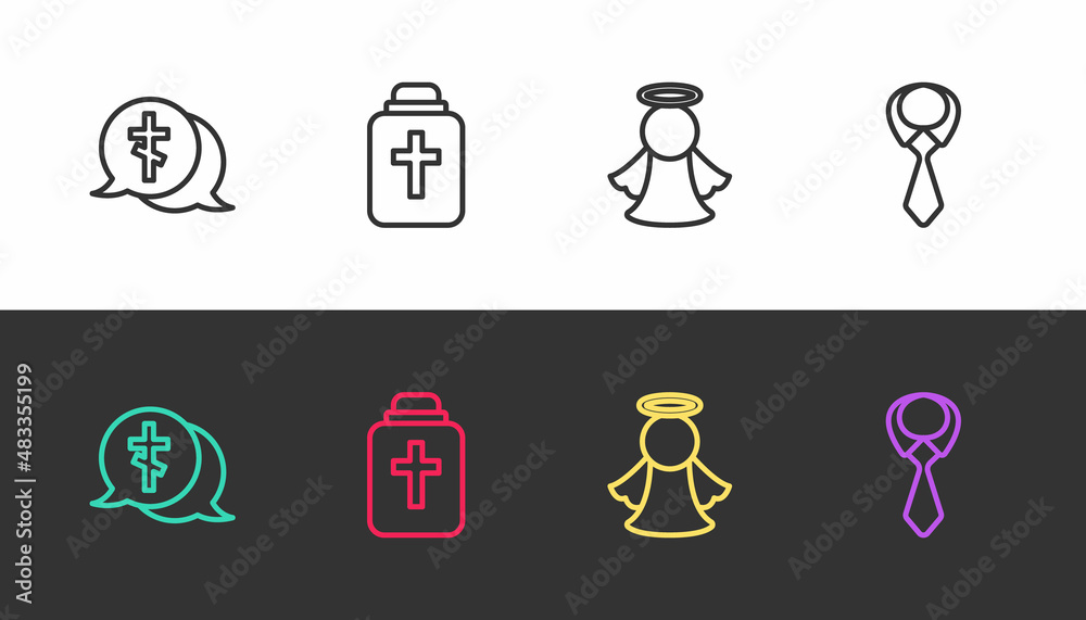 Set line Grave with cross, Funeral urn, Angel and Tie on black and white. Vector Set line Grave with cross, Funeral urn, Angel and Tie on black and white. Vector