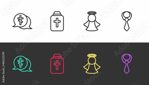 Set line Grave with cross, Funeral urn, Angel and Tie on black and white. Vector